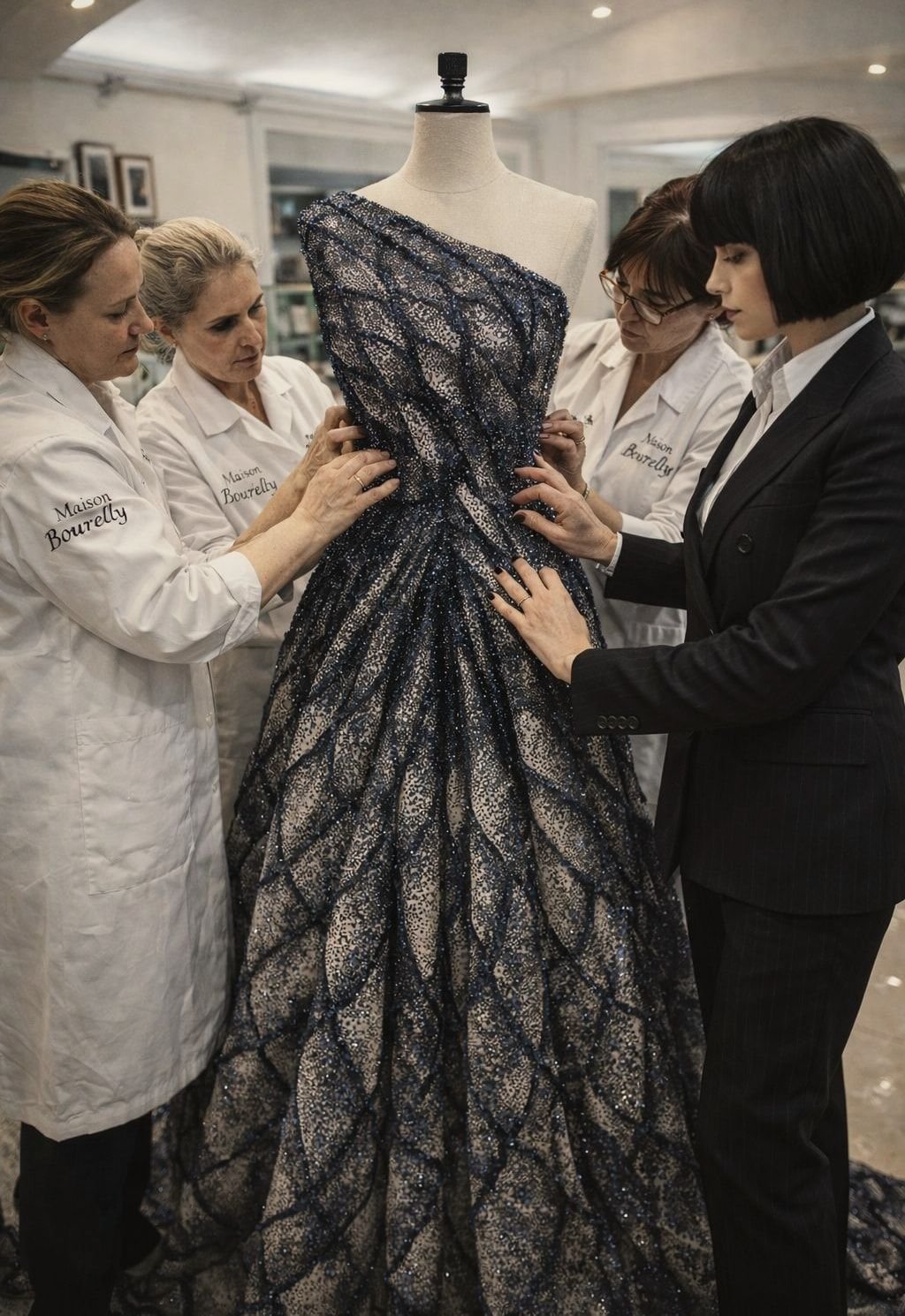 Prova di un abito in broccato in atelier